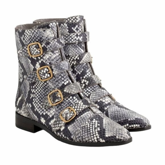 J Crew Multi Buckle Boots in Snake Embossed Leather Size 6.5 NIB - Picture 1 of 8